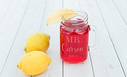 Personalized Drinking Mason Jars Glasses with Handles - 6oz Toasting Glass Wedding Gift Engraved Design (Carson Design)