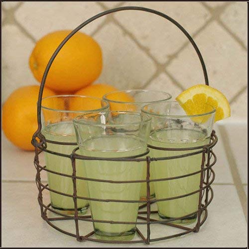 Round Wire Caddy with Four Glasses with Green/Rust Finish