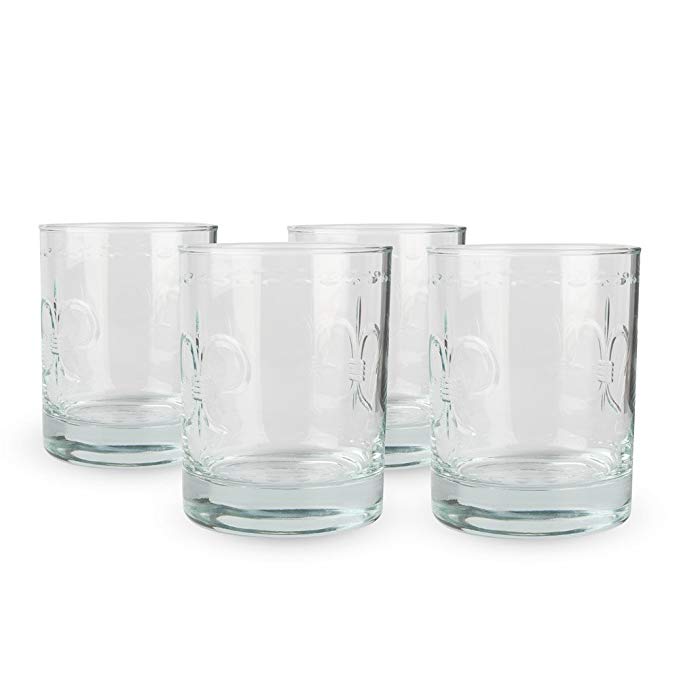 Fleur De Lis Engraved DOF Rocks Glasses - 14 oz - Set of 4