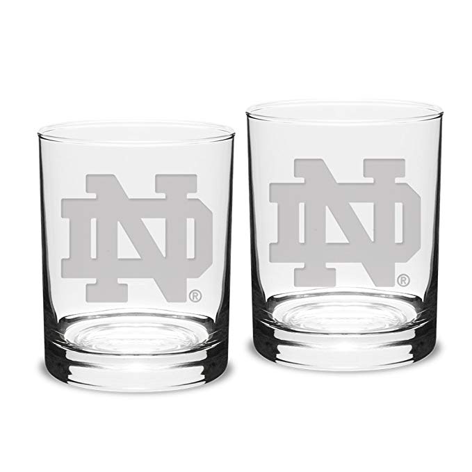 University Glass NCAA Notre Dame Fighting Irish Adult Set of 2-14 oz Double Old Fashion Glasses Deep Etch Engraved, One Size, Clear