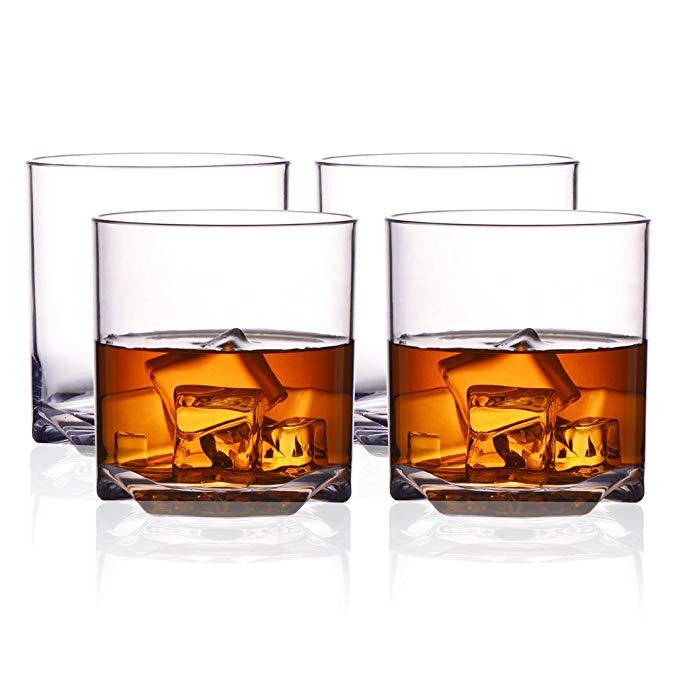 MICHLEY Rock Style Old Fashioned Whiskey Glasses 9 OZ,100% Tritan Plastic Short Glasses for Camping/Party,Set of 4