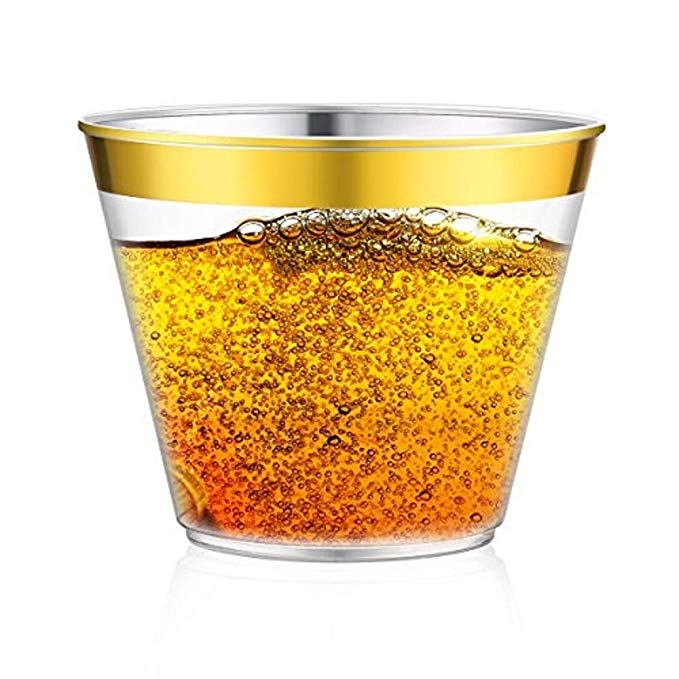 Plastic gold cups~Disposable 9 oz Tumblers 100 pack~Party Clear Glasses Fancy rim gold~ old fashioned Perfect for wedding and occasions