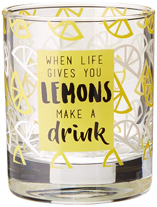 Livin' on the Wedge Limes or Lemons When Life Gives You Lemons Make A Drink Lemon Wedge Patterned Whiskey Glass, 10 oz, Yellow