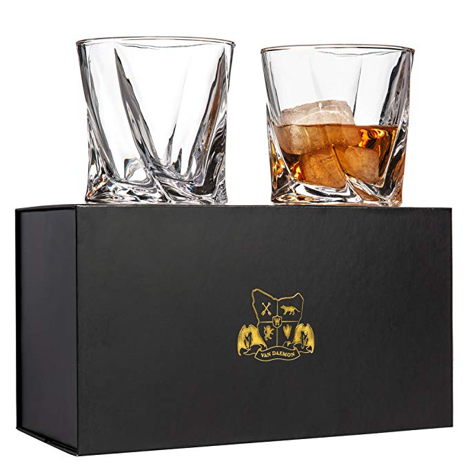 Twist Whiskey Glasses Set of 2. Lead Free Crystal Rocks Tumblers (10oz) by Van Daemon for Liquor, Bourbon or Scotch. Perfectly Gift Boxed.