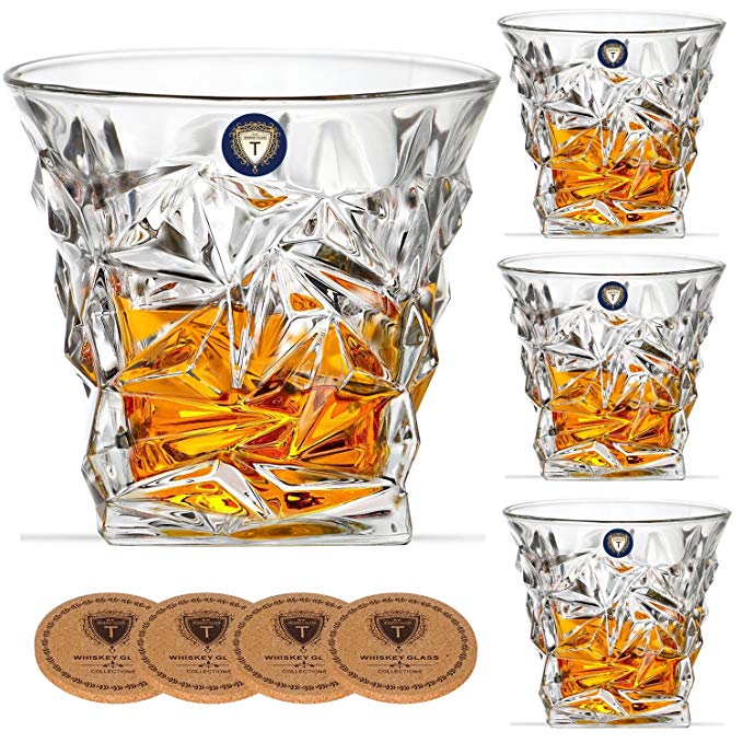 Diamond Whiskey Glasses - Set of 4 - Old Fashioned Glasses with 4 Drink Coasters - Ultra Clarity Lead-free Crystal Glassware for Scotch, Bourbon, Liquor, Brandy - Elegant Gift Set