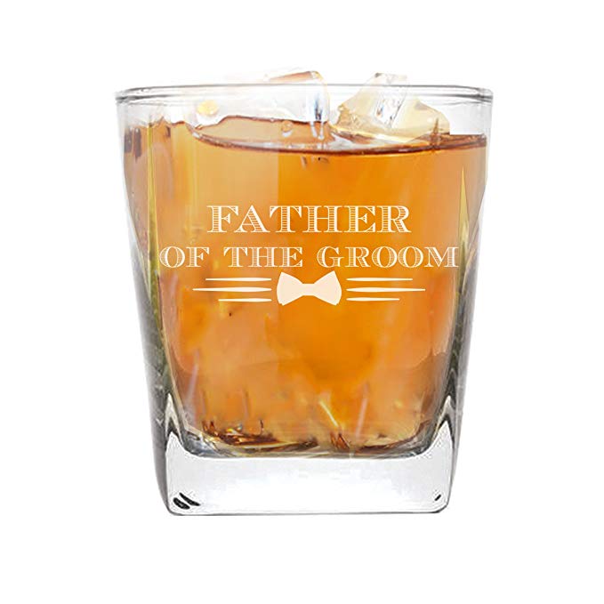 Whiskey Rocks Glasses for Bachelor Party, Weddings, Wedding Favors, Whisky Gifts (Bow Tie Style 9oz, Father of the Groom Glass)