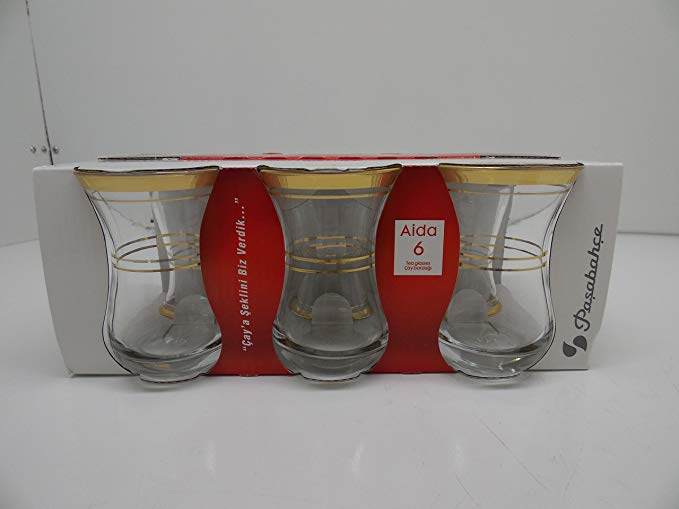 Pasabahce Aida Turkish Tea Glasses with Gold Trim, Set of 6