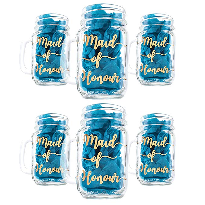 Lily’s Atelier Set of 1-3-6, Personalized Title, Custom Colorful Vinyl on Clear glass Mason Jar With Handles for Bride Groom and Bridesmaids, Bridal Party, Rustic Wedding Gift Idea_D5 | Set of 6