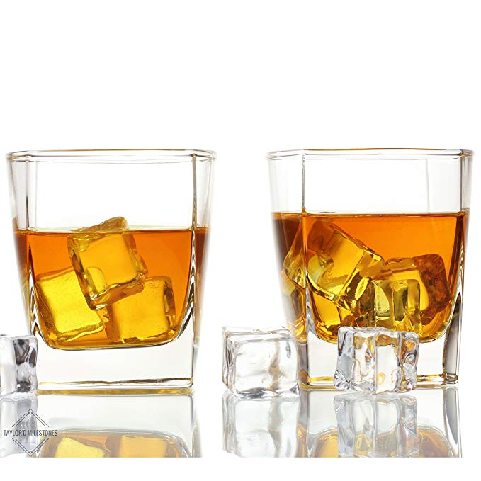 Whiskey Glass by Taylor'd Milestones - 10.5 oz Scotch Glasses. Gift Set Includes 2 Old Fashioned Tumblers with Square Base. Diamond Etched, Rocks Glassware for Bourbon, Home Bar & Everyday Use.