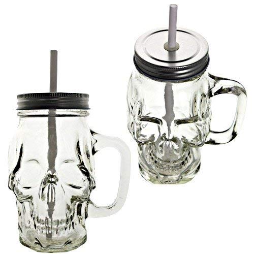 Novelty Glass Skull Face Drinking Mug Mason Jar with Glass Handles 16oz with Lids and Straws PACK OF 4