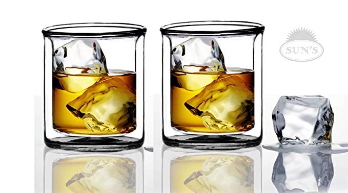 Sun's Tea Strong Double Wall Manhattan Style Old-fashioned Whiskey Glasses/Classic Scotch Whiskey Glasses/Vodka Rocks Glasses/Lowball Glasses for Liquor (9 Ounce/265 ml, Set of 2)