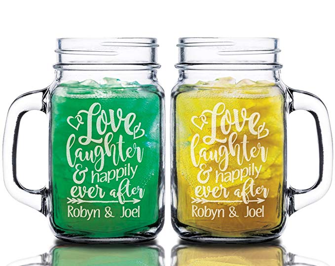 Love Laughter Happily Ever After Custom Set of 2 Custom Mason Jars Man Wife Anniversary Gift Just Married Engaged Couples Mugs Personalized Bride Groom Wedding Favor