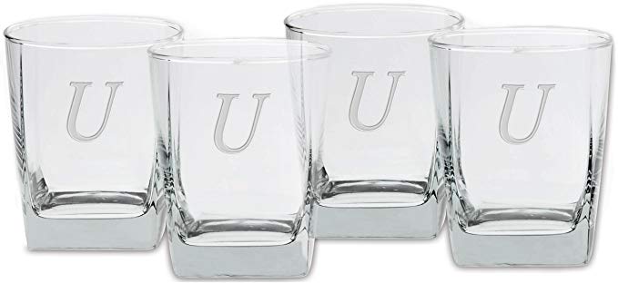 Culver Deep Etched Double Old Fashioned Glass, 13-Ounce, Monogrammed Letter-U, Set of 4