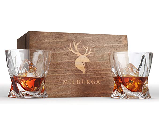Twist Whiskey Glasses Set of 2 in Hand Crafted Wooden Box – Lead-Free Crystal Scotch, Whisky, Liquor and Bourbon Tumblers (10 oz) – Dishwasher Safe, Balanced and Elegant Gift Set For Men by Milburga